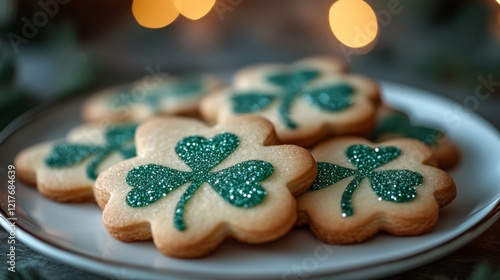 Festive green shamrock cookies on a decorated plate for spring celebrations