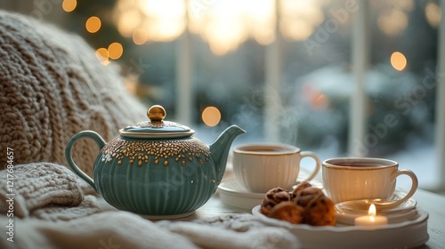 Elegant teal teapot with gold accents beside a flowering plant on a wooden table