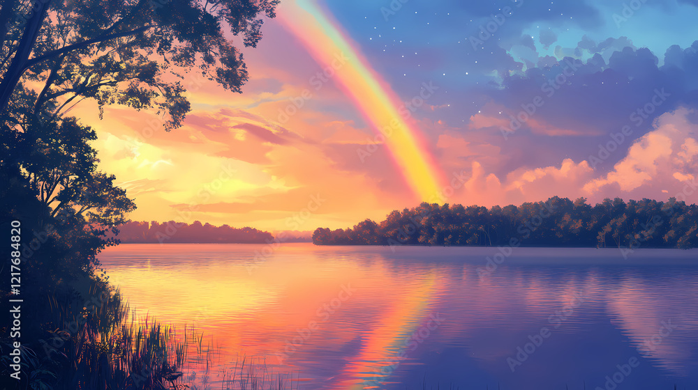 Rainbow arcing over a calm lake at sunset. Rainbow Shoreline. Illustration Rainbow arcing over a calm lake at sunset. Rainbow Shoreline. Illustration