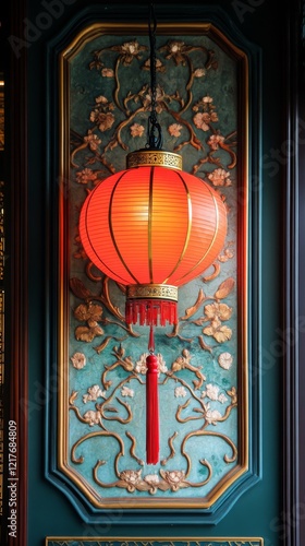 Red lantern illuminating traditional decor in a vintage indoor setting