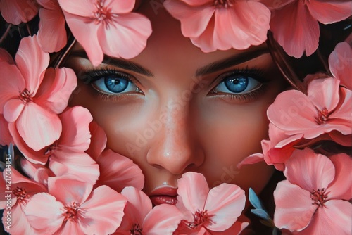 Portrait of a woman with striking blue eyes surrounded by vibrant pink flowers