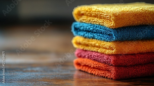 Colorful stack of folded towels displayed on rustic wooden table in a home de...