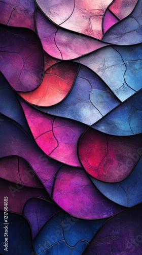 Colorful abstract pattern of woven blocks in purple and blue hues displayed o...