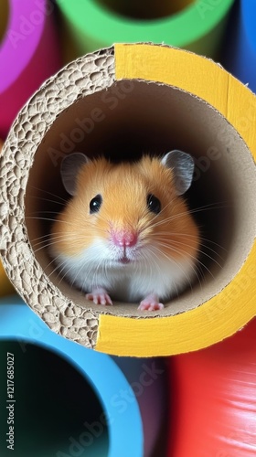 Cute hamster peeking out from a colorful cardboard tube in a playful setup