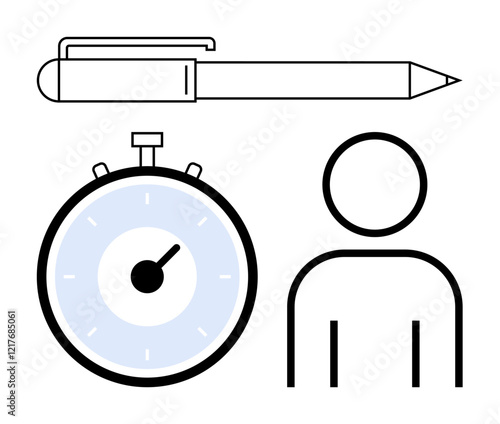 Pen emphasizing writing a stopwatch representing time tracking and a person. Ideal for productivity, time management, organization, office tasks, efficiency, planning, workflow. Line metaphor