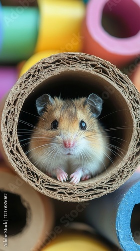 Cute hamster peeking out from a colorful cardboard tube in a playful setup