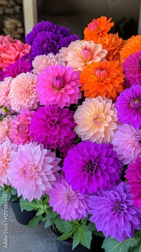 Colorful display of dahlias in various shades at a local market on a sunny day