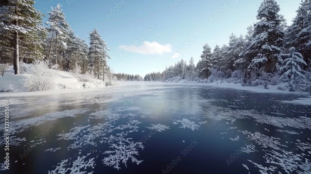 Frozen lake, winter forest, sunny day, ice crystals, landscape Frozen lake, winter forest, sunny day, ice crystals, landscape