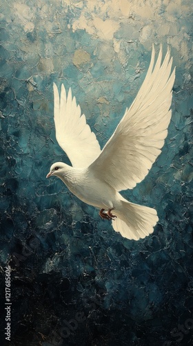 White dove soaring over a blue and textured background during daylight hours