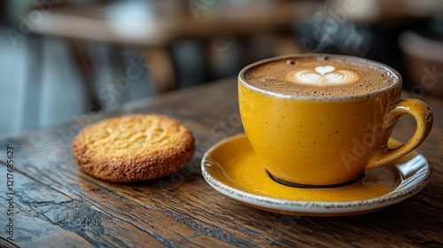 Warm coffee and cookie on a wooden table with soft sunlight in the background