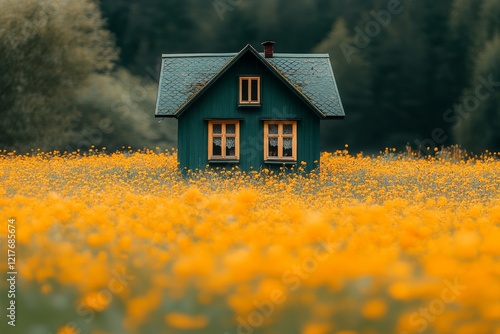 Charming green house surrounded by vibrant orange flowers in a serene rural l...