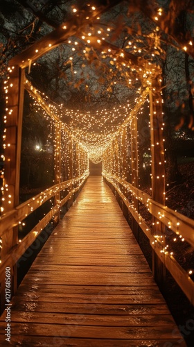 Magical wooden bridge adorned with twinkling lights on a winter night