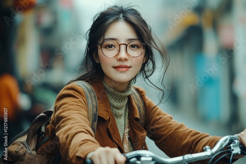 Young woman riding bicycle through urban street with vintage style and glasse...