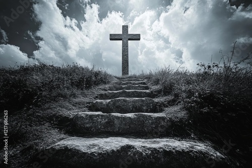 Sunlight shining through cross at top of stone steps under blue sky