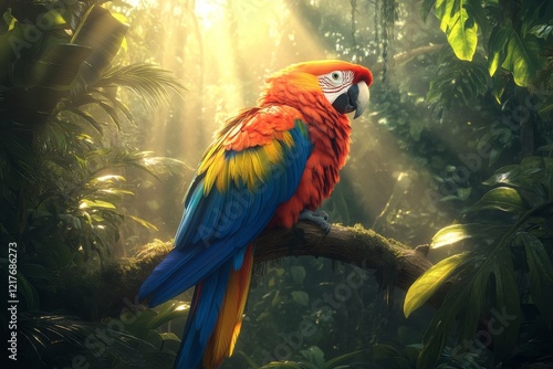 Colorful macaw perched on a branch in a lush tropical forest during golden hour
