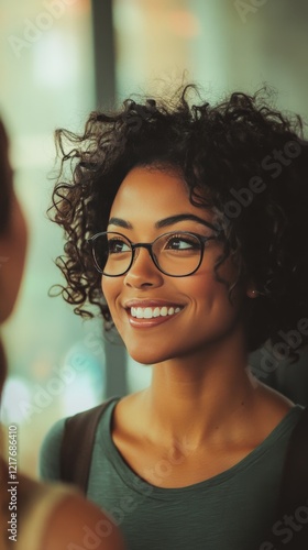 Smiling woman with curly hair and glasses engages in conversation at a social...