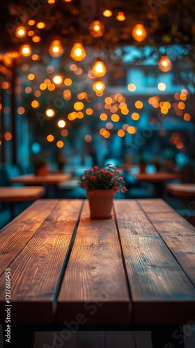 Warmly lit cafe interior with wooden table and decorative lights in the evening