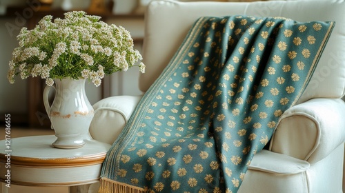 Cozy living room with a patterned throw and a vase of flowers on a side table