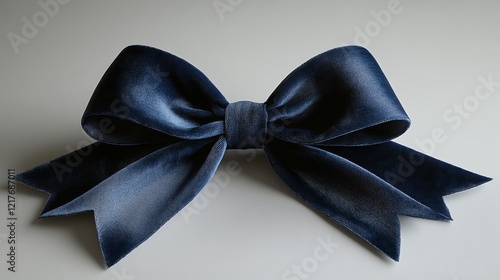 Elegant navy blue ribbon bow displayed on a neutral background for decoration...