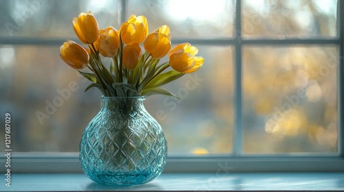 Elegant pink blossoms in a clear vase capturing sunlight in a serene indoor s...