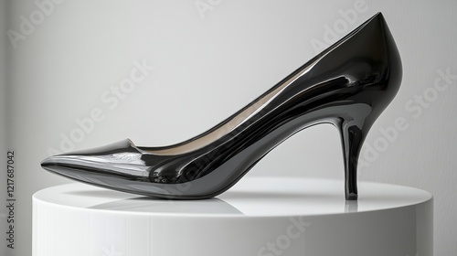 Elegant black high heel shoe displayed on a white pedestal against a textured...
