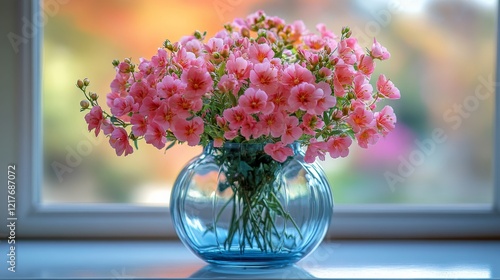 Elegant pink blossoms in a clear vase capturing sunlight in a serene indoor s...