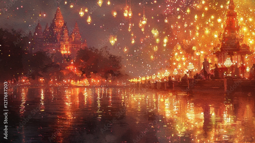 Fototapeta premium A painting of a city with a large building and a river