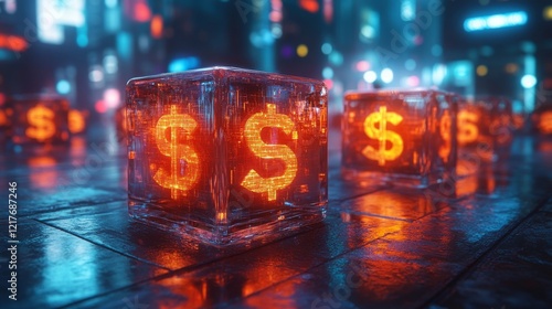 Neon dollar signs inside glowing ice cubes on a city street at night