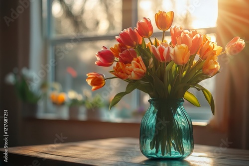 Colorful flower arrangement in decorative vase set in a bright indoor space