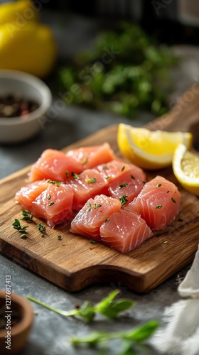 Freshly cut salmon fillets arranged on a wooden board garnished with herbs an...