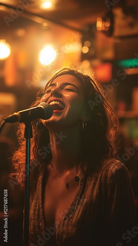 Live music performance at a cozy venue with a female vocalist and warm lighting