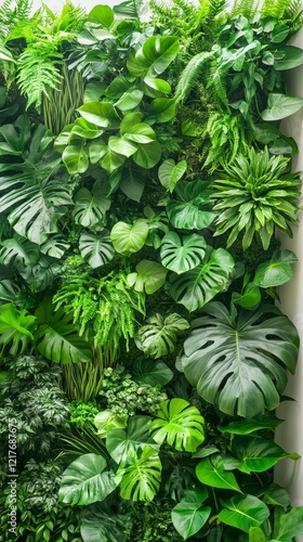 Lush green wall of diverse tropical plants showcasing natural beauty and vibr...