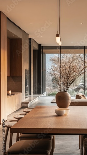 Modern dining area with wooden table and natural decor in cozy setting with l...