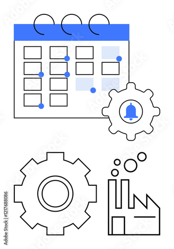 Calendar grid with highlighted dates, gear with notification bell, factory outline, and cogwheel. Ideal for planning, manufacturing, workflow management, automation, productivity reminders