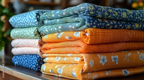Colorful textiles stacked neatly showcasing various patterns and textures in ...