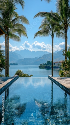 Tranquil poolside view with palm trees against a serene mountain backdrop dur...
