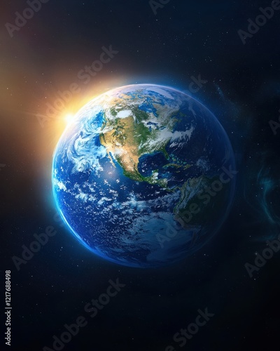 Earth viewed from space half-illuminated by sunlight documentary content dark background natural beauty