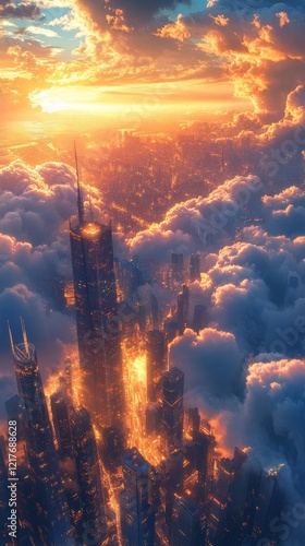 Majestic skyline of New York City enveloped in clouds during sunrise