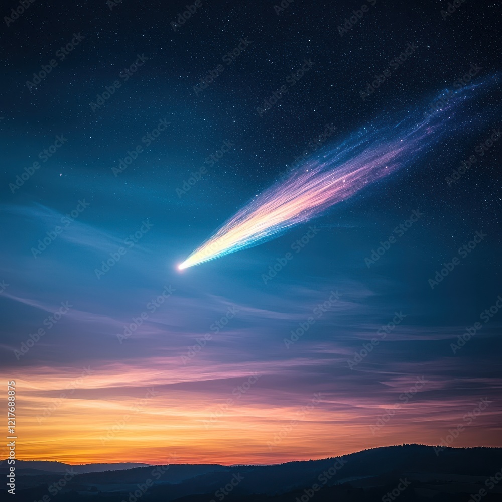 Naklejka premium A comet streaking across a vivid sunset sky magical scene captivating nature serene environment celestial viewpoint