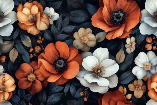 Vibrant floral pattern with orange, white, and gold blooms on a dark backgrou...