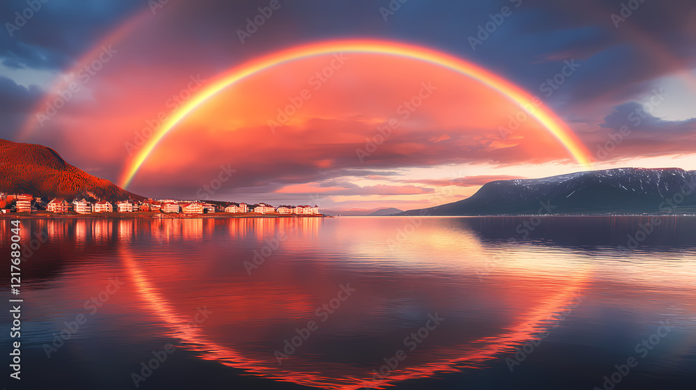 A double rainbow arches over a small coastal town at sunset, reflecting in the calm water of the lake. Rainbow Shoreline. Illustration A double rainbow arches over a small coastal town at sunset, reflecting in the calm water of the lake. Rainbow Shoreline. Illustration