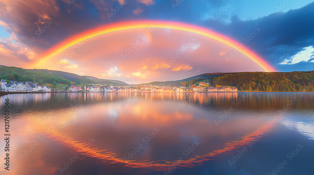 A double rainbow arches over a small coastal town at sunset, reflecting in the calm water of the lake. Rainbow Shoreline. Illustration A double rainbow arches over a small coastal town at sunset, reflecting in the calm water of the lake. Rainbow Shoreline. Illustration