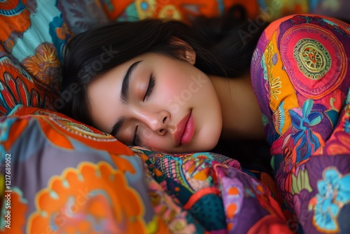 Young woman sleeping peacefully on colorful pillows in a cozy setting
