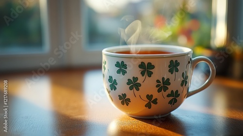Hot tea in a delicate cup surrounded by blooming flowers in a serene garden s...