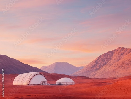 Mars colony design highlights innovative structures on red terrain futuristic environment aerial view sci-fi concept photo