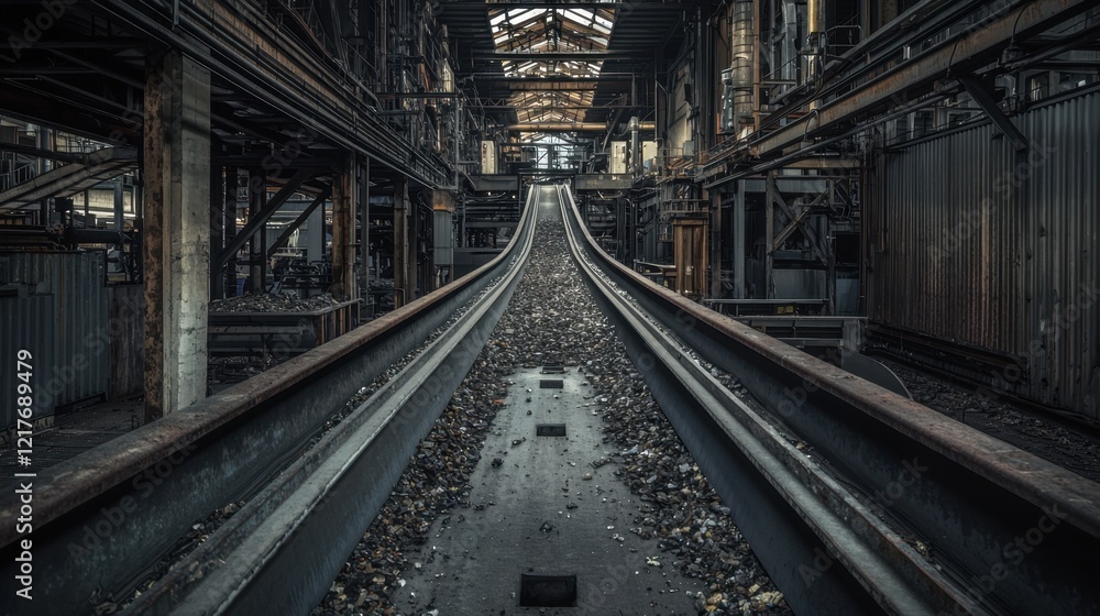 A train track with a lot of gravel and debris on it A train track with a lot of gravel and debris on it