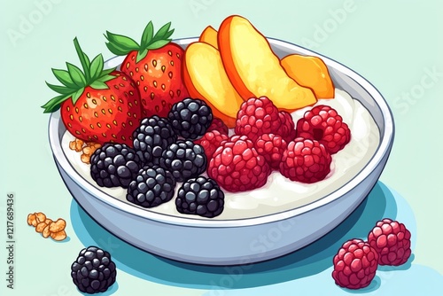 Delicious yogurt bowl topped with fresh berries and granola on wooden table i...