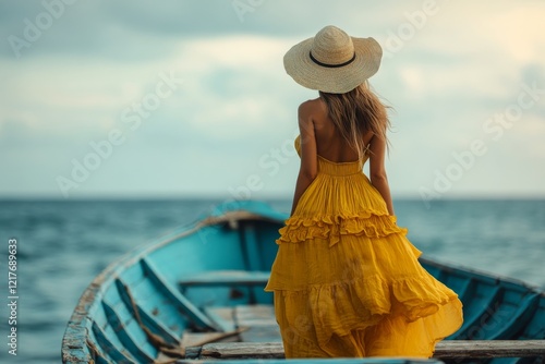 Young woman wearing a straw hat stands in a colorful boat by a serene body of...
