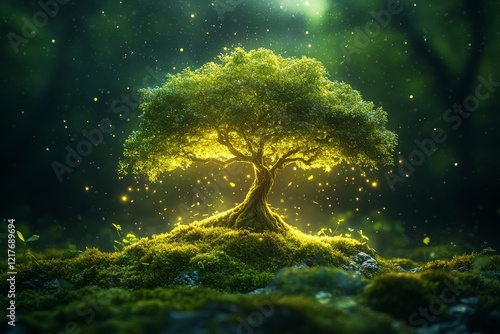 Serene green tree on a mossy hill illuminated by soft light in a tranquil for...