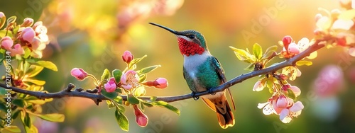 Vibrant Hummingbird Perched on Blossoming Spring Branch Nature Photography